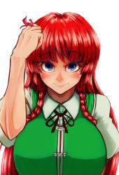 Rule 34 | 1girl, blue eyes, blunt bangs, braid, breasts, chinese clothes, close-up, hong meiling, koyubi (littlefinger1988), large breasts, long hair, looking at viewer, md5 mismatch, no headwear, puffy sleeves, red hair, sleeves rolled up, solo, tangzhuang, touhou, twin braids