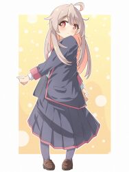 Rule 34 | ahoge, black jacket, black pantyhose, brown footwear, closed mouth, colored inner hair, commentary, dot mouth, full body, grey hair, hair between eyes, highres, jacket, light blush, long hair, long sleeves, looking at viewer, multicolored hair, onii-chan wa oshimai!, outline, oversized clothes, oyama mahiro, pantyhose, pink hair, pleated skirt, red eyes, school uniform, shoes, simple background, skirt, standing, two-tone hair, white outline, yairo ju, yellow background