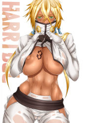 Rule 34 | 1girl, abs, bleach, blonde hair, blush, breast suppress, breasts, breasts squeezed together, character name, cowboy shot, dark-skinned female, dark skin, female focus, green eyes, hair between eyes, half mask, hands up, highres, large breasts, legs, long hair, looking at viewer, mask, navel, nipple slip, nipples, sakuradou, see-through, shrug (clothing), simple background, solo, standing, tattoo, thighs, tier harribel, toned, twintails, wet, wet clothes, white background