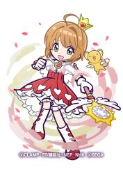 Rule 34 | 1girl, ahoge, bloomers, blush, boots, brooch, brown hair, capelet, cardcaptor sakura, company name, crown, dress, frilled dress, frills, gloves, green eyes, hair intakes, heart, heart brooch, holding, holding staff, jewelry, kero (cardcaptor sakura), kinomoto sakura, layered dress, looking at viewer, mini crown, multicolored clothes, multicolored footwear, official alternate costume, official art, open mouth, petals, puyopuyo, puyopuyo quest, red dress, red footwear, see-through, see-through capelet, short hair, sleeveless, sleeveless dress, smile, staff, transparent background, underwear, white bloomers, white capelet, white footwear, white gloves, wings, yume no tsue