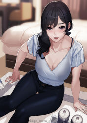 Rule 34 | 1girl, absurdres, arm support, bed, beer can, black hair, blurry, blurry background, breasts, can, cleavage, collarbone, commentary request, denim, depth of field, drink can, hair over shoulder, highres, indoors, jeans, kagematsuri, large breasts, long hair, looking at viewer, mole, mole under mouth, on floor, original, pants, purple eyes, shirt, shirt tucked in, short sleeves, solo, swept bangs, teeth, tsurime, upper teeth only, v-neck, white shirt