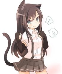 Rule 34 | 10s, 1girl, ?, animal ears, asashio (kancolle), black hair, blue eyes, blush, cat ears, cat tail, imperial japanese navy, kantai collection, kemonomimi mode, long hair, md5 mismatch, orqz, resized, skirt, solo, spoken question mark, suspenders, tail, white background