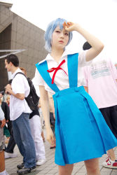 Rule 34 | ayanami rei, blue hair, cosplay, highres, kanata (model), neon genesis evangelion, photo (medium), red eyes, school uniform, serafuku, suspenders