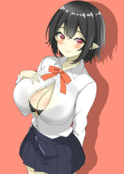 Rule 34 | 1girl, absurdres, black bra, black hair, black skirt, bra, breasts, cleavage, closed mouth, commentary request, commission, frilled bra, frills, highres, large breasts, partially unbuttoned, pointy ears, red background, red eyes, shameimaru aya, shirokumall, shirt, short hair, simple background, skeb commission, skirt, smile, solo, touhou, underwear, white shirt