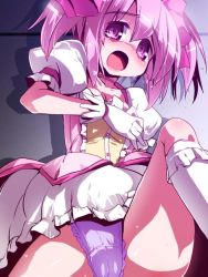 Rule 34 | 10s, 1girl, bow, bubble skirt, cameltoe, cleft of venus, gloves, hair bow, kaname madoka, magical girl, mahou shoujo madoka magica, mahou shoujo madoka magica (anime), miuku (marine sapphire), open mouth, panties, pink eyes, pink hair, scared, short twintails, skirt, solo, tears, twintails, underwear, you gonna get raped