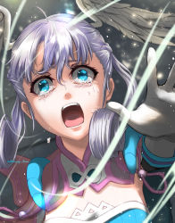 Rule 34 | 1girl, cape, crying, dress, gloves, hat, head wings, highres, juliet sleeves, long sleeves, melia antiqua, mercury xeno, open mouth, puffy sleeves, screaming, short dress, silver hair, solo, tears, wings, xenoblade chronicles 1, xenoblade chronicles (series)