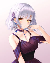 Rule 34 | 1girl, bare shoulders, blunt bangs, breasts, brown background, brown hair, butterfly hair ornament, choker, cleavage, closed mouth, dress, earrings, gradient background, hair ornament, hand up, highres, jewelry, looking at viewer, medium breasts, mole, mole under eye, original, purple choker, purple dress, sarablanche, short hair, silver hair, smile, solo, upper body