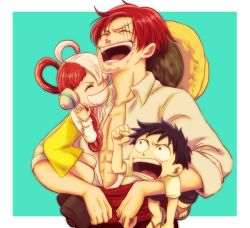 Rule 34 | 1girl, 2boys, abs, age difference, aged down, artist request, black hair, border, carrying, child, dress, facial hair, father and daughter, green background, grin, happy, hat, headphones, highres, hug, laughing, long hair, looking at another, monkey d. luffy, multicolored hair, multiple boys, official alternate costume, one piece, one piece film: red, outside border, red hair, scar, scar across eye, shanks (one piece), short hair, simple background, smile, straw hat, two-tone hair, uta (one piece), very long hair, white border, yellow dress