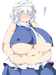 Rule 34 | !, 1girl, bad id, bad pixiv id, belly, belly grab, blush, breasts, embarrassed, covered erect nipples, closed eyes, fat, fat rolls, hat, huge breasts, large breasts, letty whiterock, navel, short hair, touhou, uccow, weight conscious, white hair