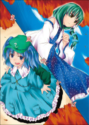 Rule 34 | 2girls, :d, autumn leaves, backpack, bad id, bag, blue dress, blue eyes, blue hair, blue shirt, blue skirt, blue sky, breasts, buttons, collar, detached sleeves, dress, female focus, flat cap, frilled skirt, frills, frog hair ornament, from above, green eyes, green hair, green hat, hair ornament, hat, kawashiro nitori, key, kochiya sanae, long hair, long sleeves, looking at viewer, looking up, medium breasts, multiple girls, nontraditional miko, open mouth, pocket, shirt, short hair, short twintails, skirt, sky, smile, snake hair ornament, split screen, tano, teeth, touhou, twintails, two side up, vest, white collar, white sleeves, wide sleeves, yellow eyes