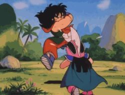 Rule 34 | 1980s (style), 1boy, 1girl, age difference, animated, animated gif, black hair, cape, chi-chi (dragon ball), child, clenched teeth, cloud, day, dragon ball, flower, full body, grass, helmet, lowres, motion lines, mountain, oldschool, outdoors, palm tree, pink headwear, retro artstyle, ryona, sky, standing, teeth, tree, unconscious, violence, yamcha