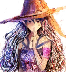 Rule 34 | 1girl, arm tattoo, armband, blue dress, breasts, commentary request, curly hair, dress, facial tattoo, finger to mouth, fingernails, hair between eyes, hat, highres, long hair, looking at viewer, medium breasts, multicolored hair, nail polish, neck tattoo, original, pointy ears, purple eyes, red nails, sakimori (hououbds), shushing, simple background, solo, tattoo, upper body, white background, witch, witch hat