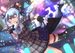 Rule 34 | 1girl, absurdres, aqua eyes, aqua hair, asao (flavor of morning), belt, beret, black gloves, black thighhighs, blue neckwear, blush, bow, breasts, commentary, concert, cowboy shot, crown, dress, dutch angle, fingerless gloves, gloves, glowstick, grey hat, hair between eyes, hair bow, hat, highres, holding, holding microphone, hololive, hoshimachi suisei, hoshimachi suisei (1st costume), huge filesize, looking at viewer, medium hair, microphone, mini crown, one eye closed, open mouth, outstretched hand, plaid, plaid dress, plaid headwear, screen, short dress, side ponytail, single thighhigh, small breasts, smile, solo, stage lights, star (symbol), thigh strap, thighhighs, thighs, virtual youtuber, waist cape