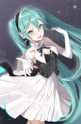 Rule 34 | 1girl, absurdres, aqua eyes, aqua hair, bare shoulders, bow, bowtie, ddungddang, foreshortening, gloves, hair ornament, hatsune miku, highres, long hair, looking at viewer, miku symphony (vocaloid), outstretched arm, reaching, reaching towards viewer, smile, twintails, very long hair, vocaloid