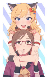 Rule 34 | 2girls, :d, absurdres, aikawa chinatsu, animal ears, black gloves, blonde hair, blue eyes, blush, bow, brown hair, cat ears, chiyoko (tykchiyo), commentary request, fake animal ears, fang, fingerless gloves, gem, giraffe ears, glasses, gloves, hair bow, hair ornament, halloween costume, highres, hug, hug from behind, idolmaster, idolmaster cinderella girls, jewelry, long hair, looking at viewer, looking up, multiple girls, ohtsuki yui, open mouth, orange bow, red-framed eyewear, red bow, shirt, short hair, smile, striped clothes, striped shirt, teeth, upper body, upper teeth only, wrist cuffs