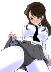 Rule 34 | 1girl, amaretto (girls und panzer), anzio school uniform, black panties, blouse, blush, breasts, clothes lift, covered erect nipples, crotch seam, dutch angle, from below, girls und panzer, gluteal fold, greyscale, large breasts, lifting own clothes, monochrome, necktie, panties, panties over pantyhose, pantyhose, rusher, school uniform, shirt, skirt, skirt lift, smile, spread legs, thighs, underwear, view between legs, white background, white pantyhose, white shirt