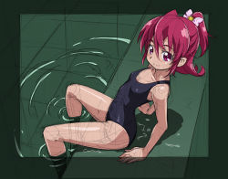 Rule 34 | 1girl, aida mana, arched back, arm support, bow, dokidoki! precure, flipped hair, green background, hair bow, hair ornament, hair ribbon, half updo, looking at viewer, one-piece swimsuit, pink eyes, pink hair, precure, ribbon, rohitsuka, short hair, simple background, sitting, sketch, smile, soaking feet, solo, swimsuit, water