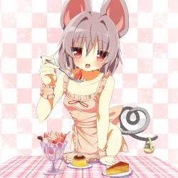Rule 34 | 1girl, animal ears, apron, basket, blush, checkered background, feeding, food, fruit, greatmosu, grey hair, highres, ice cream, incoming food, mouse (animal), mouse ears, mouse tail, naked apron, nazrin, pie, pudding, red eyes, short hair, solo, spoon, strawberry, sundae, tail, touhou, wrist cuffs