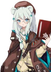 Rule 34 | 1girl, animal ears, arknights, bear ears, beret, blue eyes, blue necktie, blush, book, braid, brown cape, brown hat, cape, cardigan, commentary request, hair ornament, hand up, hat, hayashi maka, highres, holding, holding book, istina (arknights), long hair, long sleeves, looking at viewer, monocle, necktie, parted lips, partial commentary, silver hair, simple background, single braid, solo, star (symbol), star hair ornament, upper body, white background
