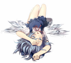 Rule 34 | 1girl, bare legs, barefoot, blue eyes, blue hair, cirno, dress shirt, full body, hand on forehead, hot, ice, lying, matching hair/eyes, melting, on back, open mouth, shirt, simple background, solo, sweat, touhou, u jie, upside-down, wings