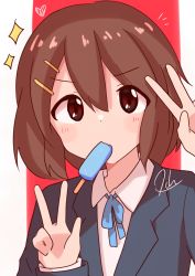 Rule 34 | 1girl, artist request, blazer, blue jacket, blue ribbon, bob cut, brown eyes, brown hair, collared shirt, commentary, double v, food in mouth, hair between eyes, hair ornament, hairclip, hands up, heart, highres, hirasawa yui, jacket, k-on!, light blush, long sleeves, looking at viewer, nacchu, notice lines, popsicle, popsicle in mouth, red background, ribbon, school uniform, shirt, short hair, signature, solo, sparkle, two-tone background, upper body, v, white background, white shirt