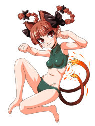 Rule 34 | 1girl, animal ears, barefoot, blunt bangs, braid, cat ears, cat tail, fang, fang out, floating hair, fue (fuef), kaenbyou rin, looking at viewer, multiple tails, paw pose, red hair, simple background, solo, tail, touhou, twin braids, white background