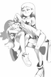 Rule 34 | freckles, greyscale, hair ornament, hairpin, highres, hilda, kelly (hilda), leggings, long hair, long sleeves, lying on lap, lying on person, marra, monochrome, monochrome, raised eyebrow, scarf, shirt, shoes, simon 7617118, sneakers, t-shirt, twintail marra, twintails