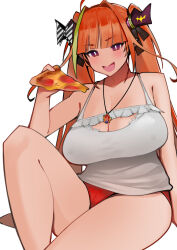 Rule 34 | 1girl, ahoge, bow, breasts, cleavage, diagonal-striped bow, dismassd, dragon girl, dragon horns, food, highres, holding, holding food, holding pizza, hololive, horn bow, horn ornament, horns, jewelry, kiryu coco, large breasts, long hair, looking at viewer, multicolored hair, necklace, open mouth, orange hair, pizza, purple eyes, red shorts, shorts, sitting, streaked hair, tank top, thighs, twintails, virtual youtuber, white background, white tank top
