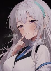 Rule 34 | 1girl, black background, blue archive, blue hair, blue necktie, blush, breasts, coat, collared shirt, commentary, dio nand, finger to mouth, hair between eyes, headgear, heavy breathing, highres, index finger raised, lapels, large breasts, light blue hair, long hair, looking at viewer, necktie, noa (blue archive), purple eyes, shirt, simple background, smile, upper body, white coat, white shirt