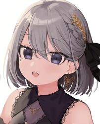 Rule 34 | 1girl, bare shoulders, black bow, black dress, blush, bow, braid, butterfly earrings, butterfly necklace, collared dress, commentary request, dress, earrings, grey hair, hair between eyes, hair bow, highres, jewelry, kaga sumire, looking at viewer, lupinus virtual games, necklace, open mouth, purple eyes, seramikku, short hair, simple background, sleeveless, sleeveless dress, solo, teeth, upper body, upper teeth only, virtual youtuber, vspo!, white background
