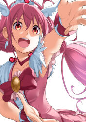 Rule 34 | 1girl, bow, breasts, brooch, choker, collarbone, cure happy, head wings, hoshizora miyuki, jewelry, long hair, magical girl, open mouth, pink bow, pink choker, pink eyes, pink hair, pink skirt, precure, simple background, skirt, small breasts, smile, smile precure!, solo, tiara, twintails, upper body, white background, wings, wrist cuffs, yuuzii