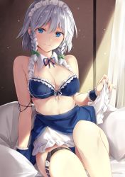 Rule 34 | 1girl, adapted costume, apron, apron lift, bare legs, bare shoulders, bikini, blue bikini, blue bra, blue eyes, bow, bra, braid, breasts, cleavage, closed mouth, clothes lift, curtains, detached collar, female focus, green bow, hair bow, indoors, izayoi sakuya, izuru, knee up, large breasts, legs, lifted by self, looking at viewer, maid, maid bikini, maid headdress, on bed, pillow, short hair, silver hair, sitting, smile, solo, swimsuit, thigh strap, touhou, twin braids, unconventional maid, underwear, waist apron, wrist cuffs