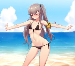 Rule 34 | 1girl, armband, bad id, bad pixiv id, beach, bikini, black bikini, blue sky, breasts, brown hair, closed eyes, closed mouth, cloud, collared vest, commentary request, day, embarrassed, front-tie bikini top, front-tie top, girls&#039; frontline, highres, legs apart, long hair, narynn, navel, ocean, outdoors, outstretched arms, scar, scar across eye, scar on face, short hair, side-tie bikini bottom, side-tie bottom, side ponytail, sky, small breasts, solo, standing, stomach, swimsuit, ump45 (girls&#039; frontline), very long hair, very short hair, vest, water, wet