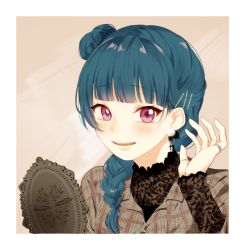 Rule 34 | 1girl, alternate hairstyle, azuma (no488888), bad id, bad pixiv id, blue hair, blunt bangs, blush, braid, brown background, collared shirt, cross, cross earrings, earrings, grey shirt, hair bun, hair ornament, hair over shoulder, hairpin, hand mirror, hand up, jewelry, lace, long hair, long sleeves, looking at viewer, love live!, love live! sunshine!!, mirror, open mouth, pinky ring, plaid, plaid shirt, portrait, purple eyes, shirt, side bun, single braid, single side bun, smile, solo, tsushima yoshiko