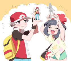 Rule 34 | 1boy, 1girl, arms up, backpack, bad id, bad pixiv id, bag, baseball cap, beanie, brown hair, closed mouth, commentary request, creatures (company), figure, floral print, game freak, green shorts, hat, holding, looking up, nintendo, pants, pokemon, pokemon frlg, pokemon sm, pumpkinpan, red (pokemon), red headwear, selene (pokemon), shirt, short sleeves, shorts, shoulder bag, t-shirt, tied shirt, wavy mouth, wristband, yellow bag, yellow shirt