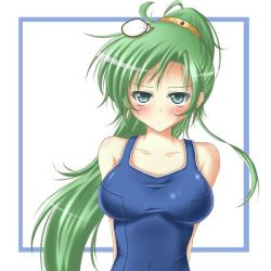 Rule 34 | 1girl, ahoge, arms behind back, blue one-piece swimsuit, blush, breasts, earrings, fire emblem, fire emblem: the blazing blade, green eyes, green hair, hair ornament, high ponytail, jewelry, long hair, lyn (fire emblem), matching hair/eyes, nintendo, one-piece swimsuit, ponytail, shy, solo, swimsuit, upper body, very long hair