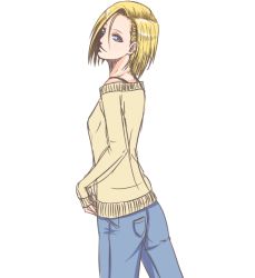 Rule 34 | 1girl, android 18, denim, dragon ball, free-da, hair between eyes, hair over one eye, jeans, looking at viewer, off shoulder, pants, short hair, sketch, smile, solo, sweater, white background