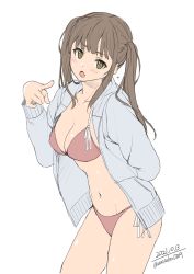 Rule 34 | 1girl, arm behind back, bikini, blue jacket, blush, breasts, brown eyes, brown hair, commentary request, copyright request, dated, fang, highres, jacket, long hair, looking at viewer, medium breasts, navel, open clothes, open jacket, open mouth, red bikini, simple background, skin fang, solo, swimsuit, thighs, twintails, twitter username, unasaka ryou, white background