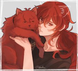 Rule 34 | 1boy, brown shirt, carrying, cat, closed mouth, diluc (genshin impact), doveluc, genshin impact, hair between eyes, highres, long hair, looking at viewer, male focus, ponytail, red eyes, red fur, red hair, shirt, solo