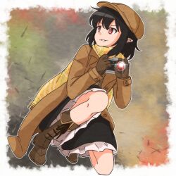 Rule 34 | 1girl, adapted costume, black hair, black skirt, boots, brown coat, brown footwear, brown gloves, brown hat, cabbie hat, camera, coat, commentary request, flat cap, frilled skirt, frills, full body, gloves, hat, highres, holding, holding camera, long coat, long sleeves, one-hour drawing challenge, parted lips, pointy ears, red eyes, scarf, shameimaru aya, shameimaru aya (newsboy), skirt, solo, squatting, touhou, v-shaped eyebrows, yakousei no kame, yellow scarf