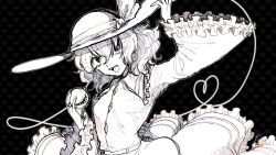 Rule 34 | 1girl, arm up, black background, blouse, bow, bright pupils, buttons, diamond button, eyeball, fangs, frilled shirt collar, frilled skirt, frilled sleeves, frills, greyscale, hand on headwear, hat, hat bow, hat ribbon, heart, heart of string, highres, komeiji koishi, long sleeves, medium hair, monochrome, necrono3con, open mouth, ribbon, shirt, sidelocks, simple background, skirt, solo, third eye, touhou, wavy hair, wide sleeves