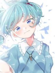 Rule 34 | 1girl, blue eyes, blue shirt, blush, closed mouth, collared shirt, commentary request, crying, crying with eyes open, eringi (rmrafrn), eyebrows hidden by hair, frilled shirt collar, frills, green hair, hair bobbles, hair ornament, head tilt, kawashiro nitori, key, looking at viewer, shirt, smile, solo, swept bangs, tears, touhou, twintails