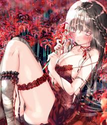 Rule 34 | 1girl, blush, braid, breasts, brown hair, cleavage, closed mouth, commentary request, feet out of frame, flower, french braid, holding, holding flower, kamiya maneki, large breasts, long hair, looking at viewer, original, red eyes, red flower, solo, spider lily, very long hair