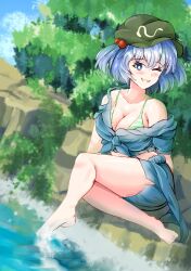 Rule 34 | 1girl, ;d, barefoot, bikini, blue eyes, blue hair, blue shorts, breasts, bright pupils, cleavage, collarbone, commentary, full body, ginari, green bikini, green hat, hair bobbles, hair ornament, hat, highres, kawashiro nitori, large breasts, mob cap, one eye closed, open mouth, outdoors, short hair, shorts, sitting, smile, solo, swimsuit, touhou, two side up, white pupils
