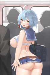 Rule 34 | 1girl, 3boys, ahoge, arched back, ass, ass cutout, backless outfit, backless shirt, bag, bare arms, bare shoulders, belt, blue hair, blue sailor collar, blue skirt, borrowed character, breasts, clothes lift, clothing cutout, commentary request, cowboy shot, crop top, duffel bag, exhibitionism, from behind, gradient hair, highres, large breasts, looking at viewer, looking back, microskirt, midriff, multicolored hair, multiple boys, nakamura nagare, nipples, no bra, no panties, open mouth, original, partial commentary, pleated skirt, public indecency, sailor collar, school bag, shirt, shirt lift, short hair, skirt, sleeveless, sleeveless shirt, smile, solo focus, standing, sweat, white shirt, yellow eyes