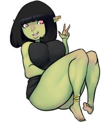 Rule 34 | 1girl, barefoot, breasts, colored skin, dot nose, ear piercing, fang, feet, female goblin, fingernails, goblin, green skin, large breasts, monster girl, parted lips, piercing, pointy ears, red eyes, scathegrapes, smile, thighs, toenails, toes, v