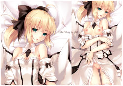 Rule 34 | 1girl, artoria pendragon (all), artoria pendragon (fate), blonde hair, breasts, dakimakura (medium), fate/stay night, fate/unlimited codes, fate (series), green eyes, long hair, looking at viewer, multiple views, nipples, noodle-y, ponytail, pussy, saber (fate), saber lily, small breasts, uncensored