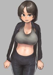 Rule 34 | 1girl, absurdres, black eyes, black hair, black jacket, black pants, breasts, chanta (ayatakaoisii), cleavage, cowboy shot, grey background, highres, jacket, large breasts, looking at viewer, medium hair, midriff, navel, open clothes, open jacket, open mouth, original, pants, solo, stained clothes, sweat, tank top, track jacket, track pants, track suit