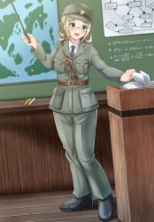 Rule 34 | 1girl, alternate costume, black footwear, book, chalkboard, chart, commentary request, folded ponytail, full body, glasses, green eyes, grey pants, kantai collection, katori (kancolle), light brown hair, map, military, military uniform, pants, parted bangs, podium, pointer, rimless eyewear, smile, solo, standing, uniform, zanntetu