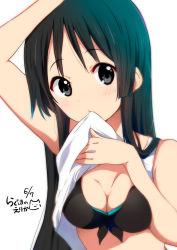 Rule 34 | 1girl, akiyama mio, arm up, bare shoulders, bikini, black bikini, black eyes, black hair, blush, breasts, cleavage, clothes lift, commentary request, dated, front-tie top, hime cut, k-on!, long hair, looking at viewer, medium breasts, mouth hold, official style, ragho no erika, shirt, shirt lift, signature, solo, swimsuit, white shirt